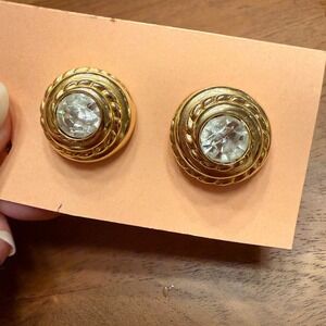Swarovski Vintage Gold Tone Crystal Domed Button Stud Earrings
